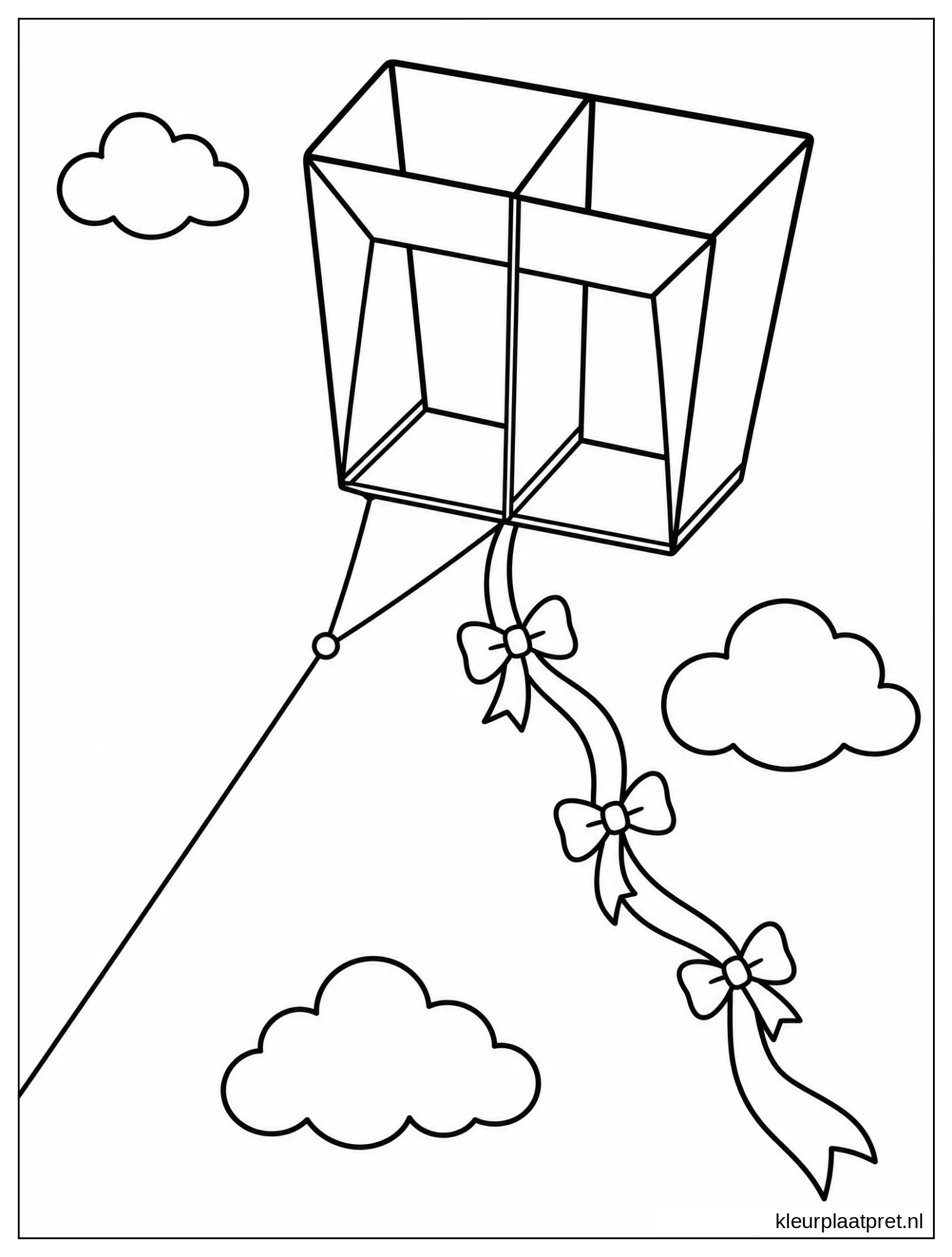 Zwart-witte kleurplaat van een doosvlieger met drie strikken aan de staart en wolken eromheen.
