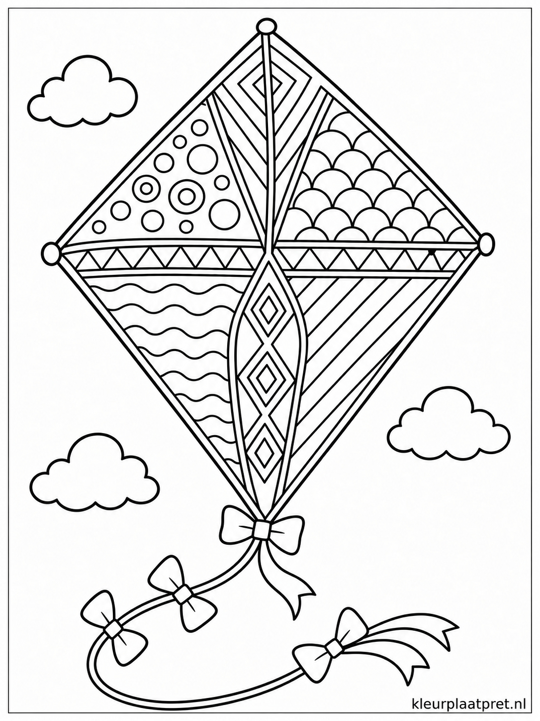 Zwart witte kleurplaat van een vlieger met cirkels golven ruiten en verschillende geometrische vakken tussen drie wolken