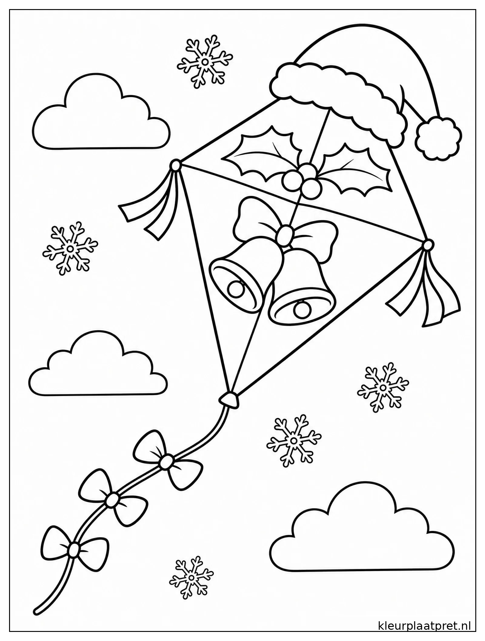 Kleurplaat van een kerstvlieger met kerstmuts hulst kerstklokken strikken en sneeuwvlokken