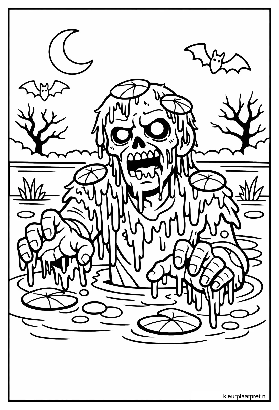 Druipende zombie komt uit een donker moeras tussen waterlelies met vleermuizen en een maansikkel erboven