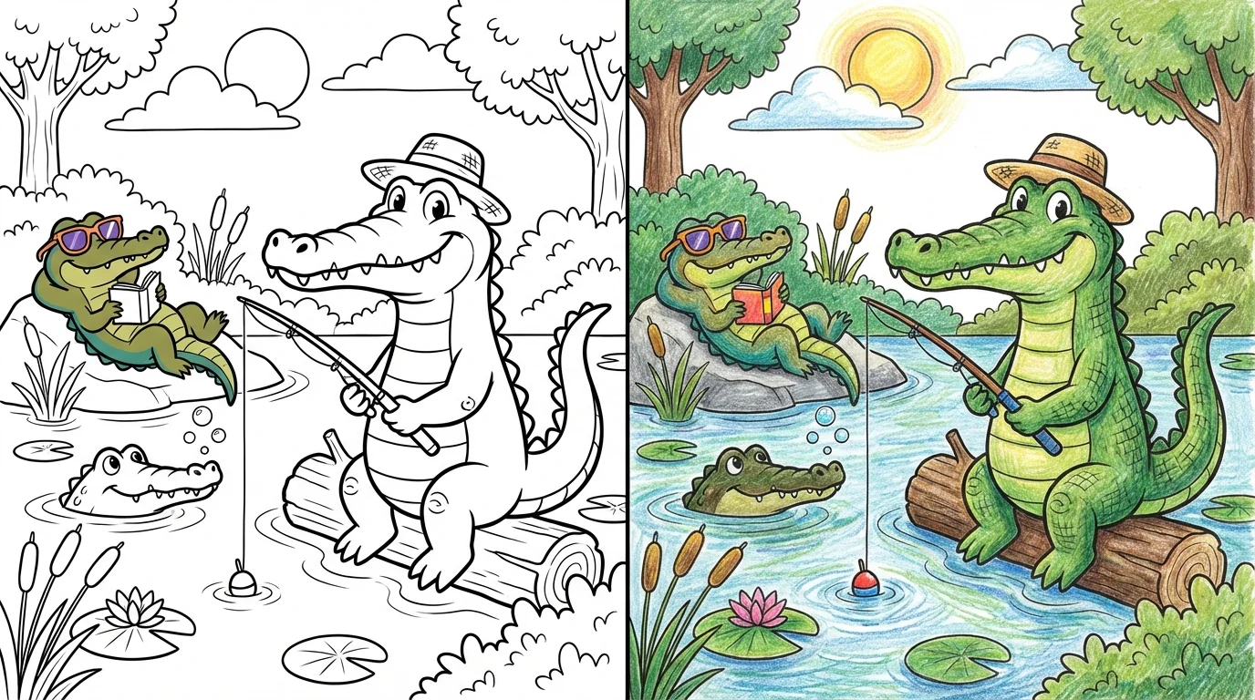 Alligator kleurplaat met vissende alligator bij het water