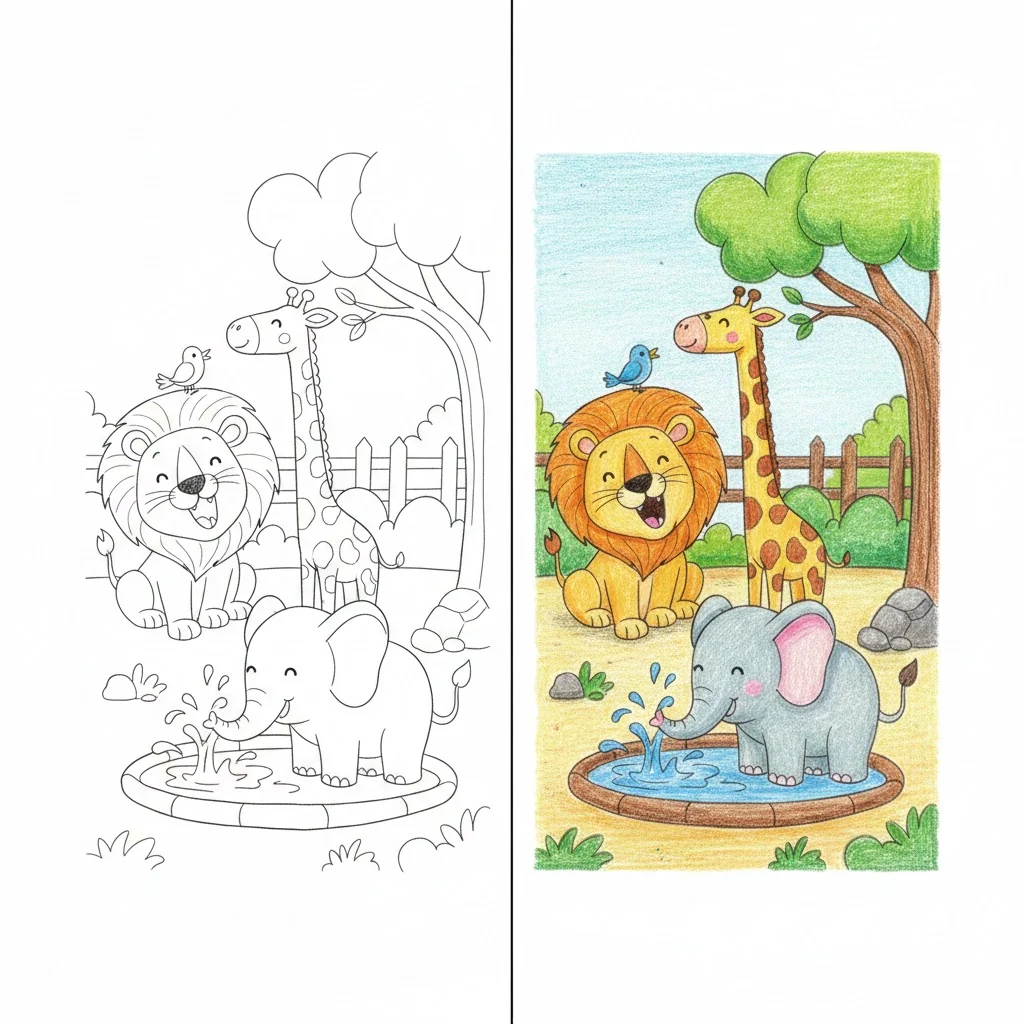 Dierentuin kleurplaat met leeuw, giraffe en olifant