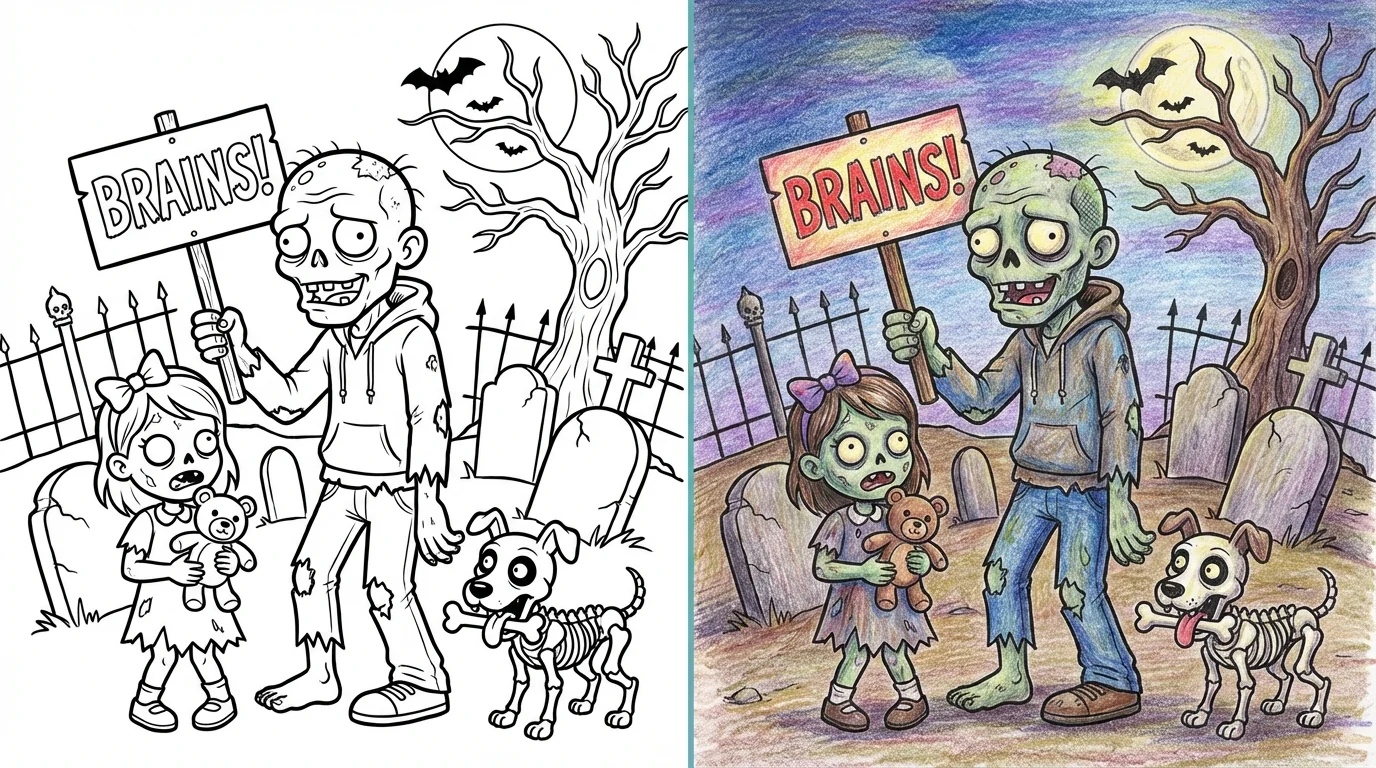 Grappige zombie kleurplaat met een zombie, meisje, skelet hond en griezelige begraafplaats.