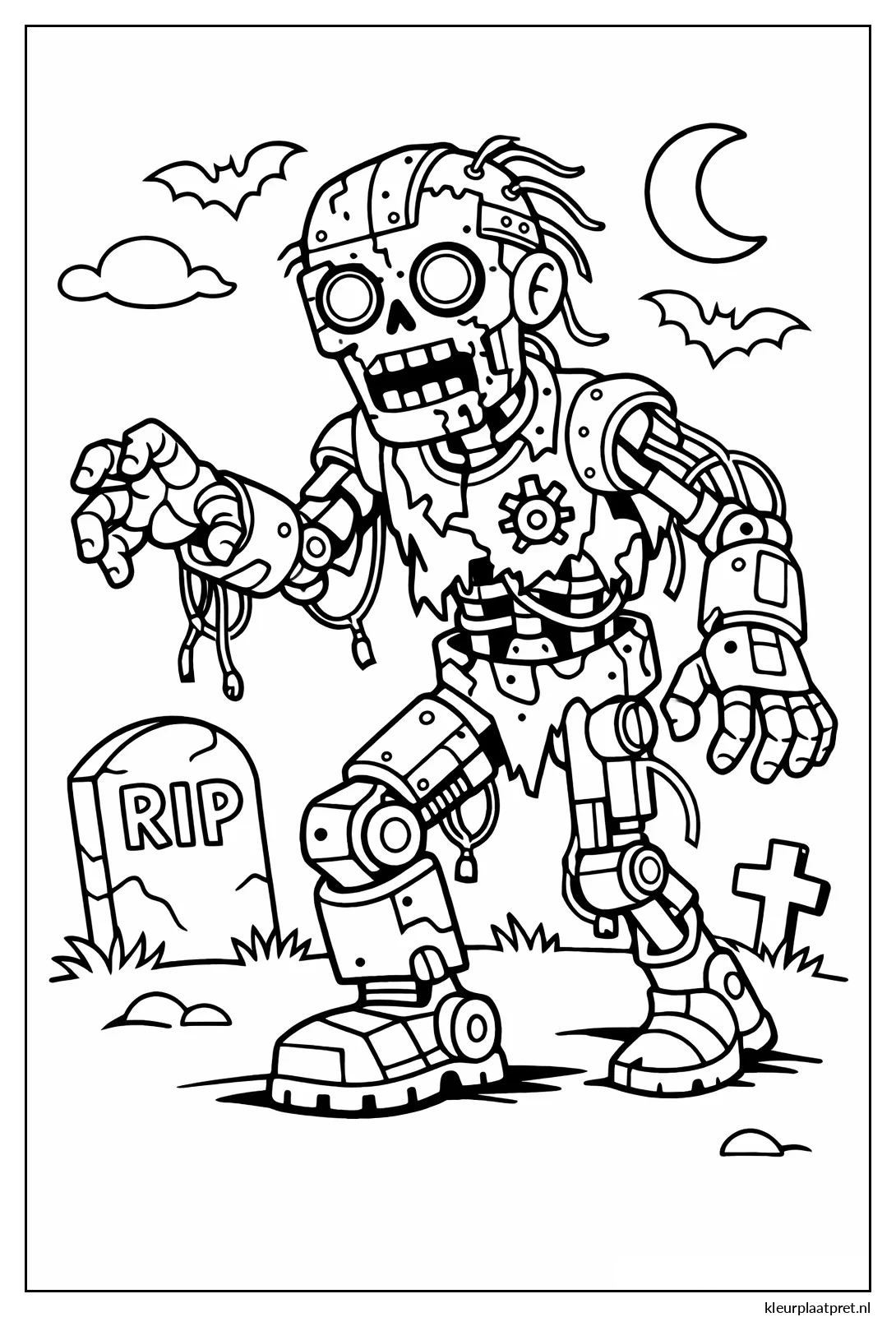 Kleurplaat van een kapotte robotzombie tussen grafstenen met vleermuizen en een maansikkel