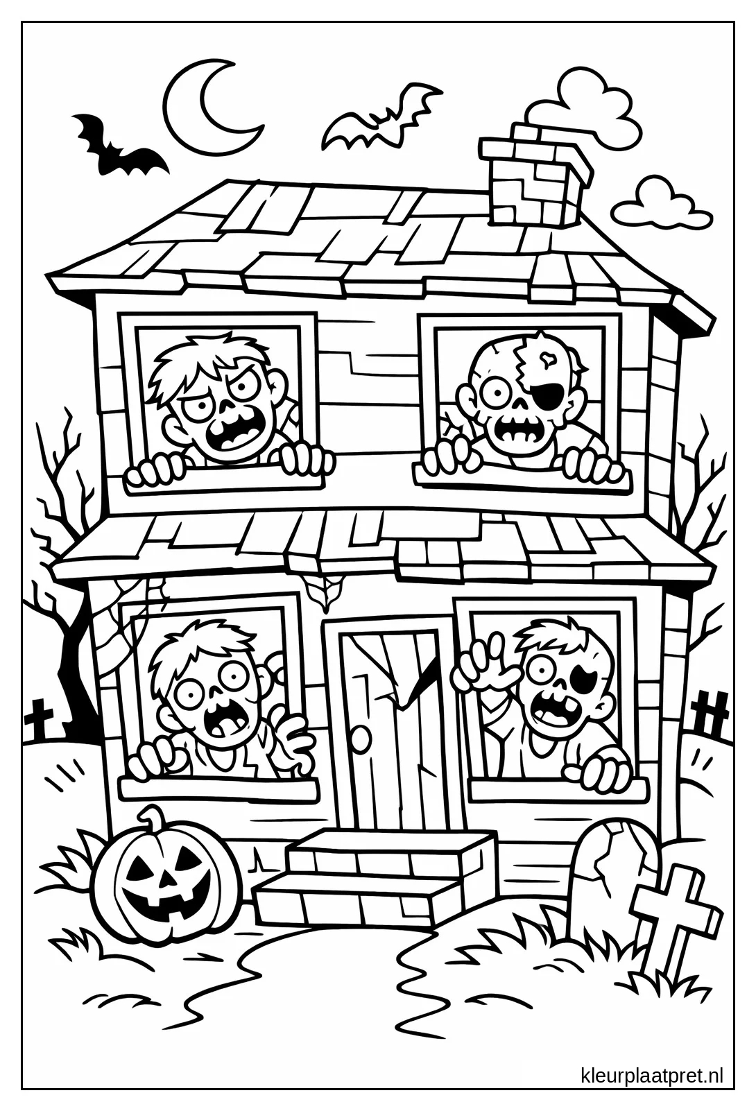 Vier zombies kijken uit de ramen van een vervallen huis met maan vleermuizen pompoen en grafsteen