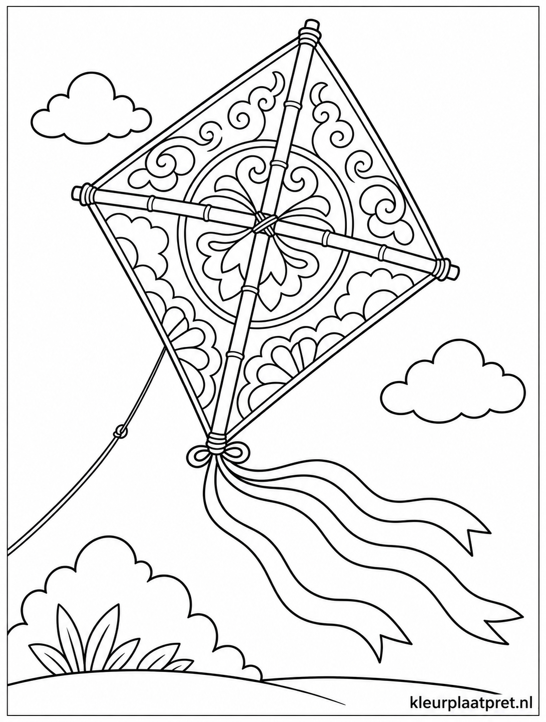 Kleurplaat van een versierde vlieger met siermotief en lange linten die tussen wolken vliegt