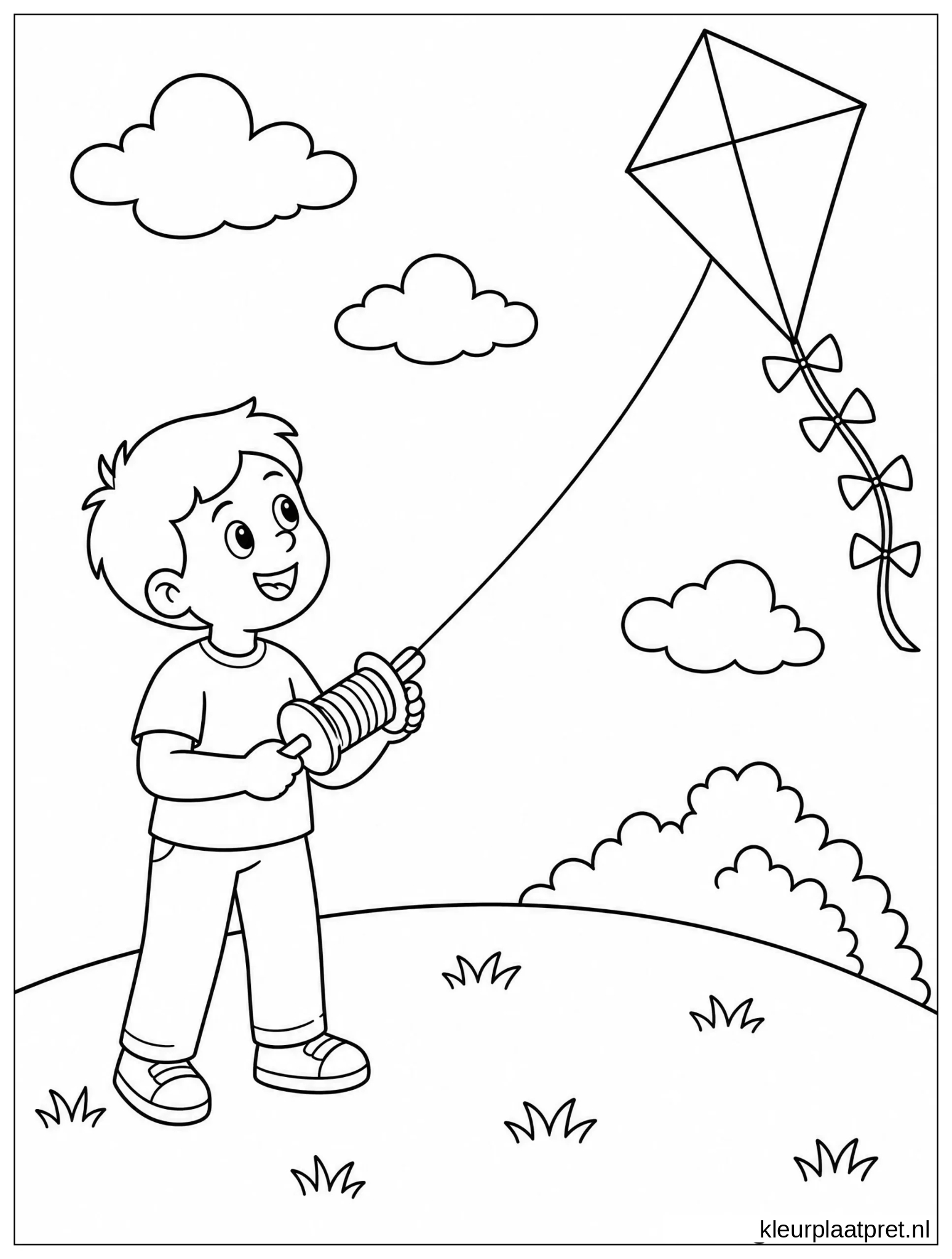 Kleurplaat van een jongen die op een heuvel een vlieger met strikstaart oplaat tussen de wolken
