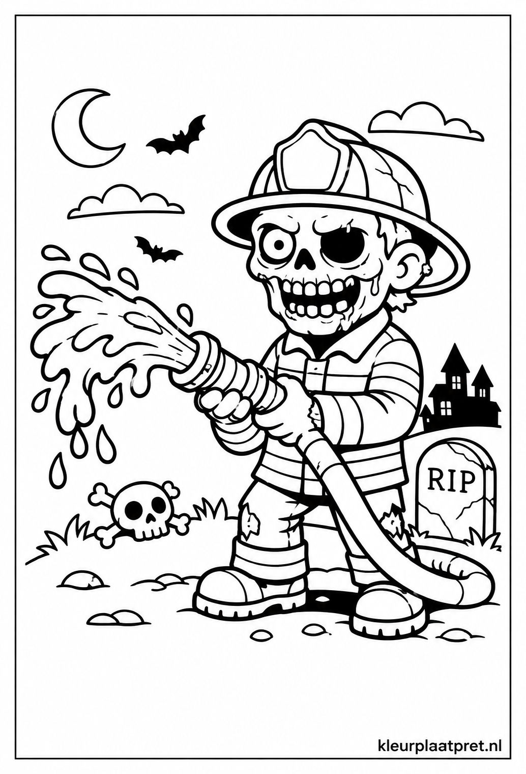 Kleurplaat van een zombie brandweerman die water spuit met een brandslang op een kerkhof