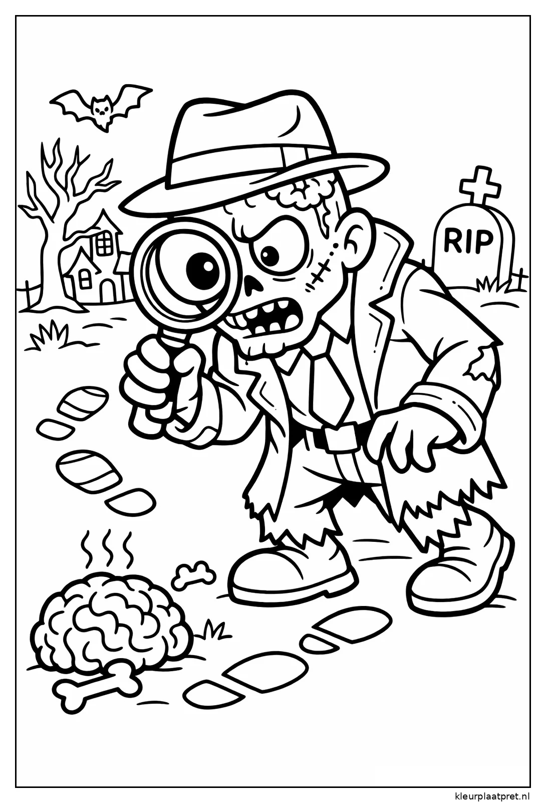 Zombie detective met vergrootglas volgt voetsporen naast een grafsteen en een brein op de grond