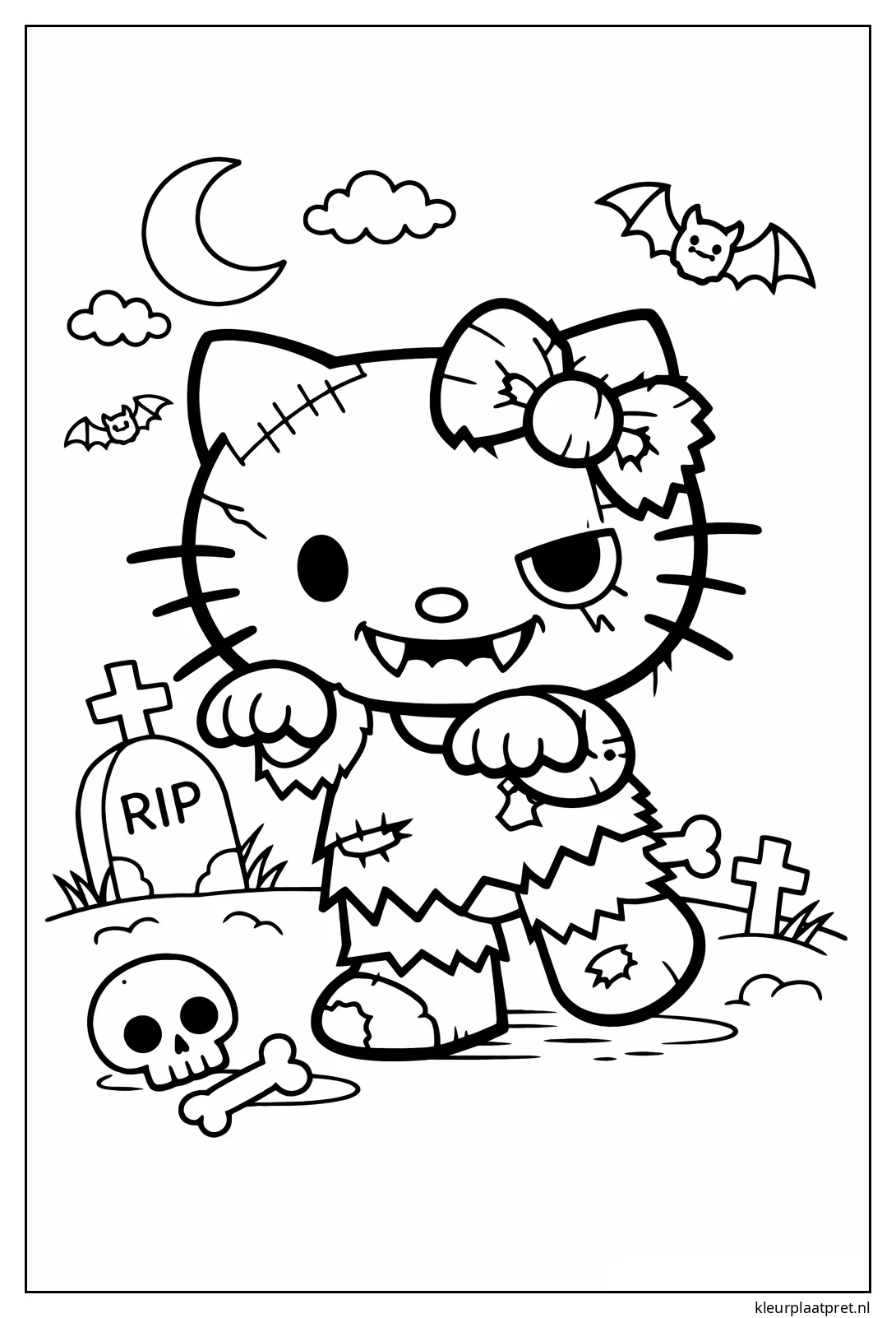 Zombie Hello Kitty met strik op een kerkhof met grafstenen vleermuizen en een schedel