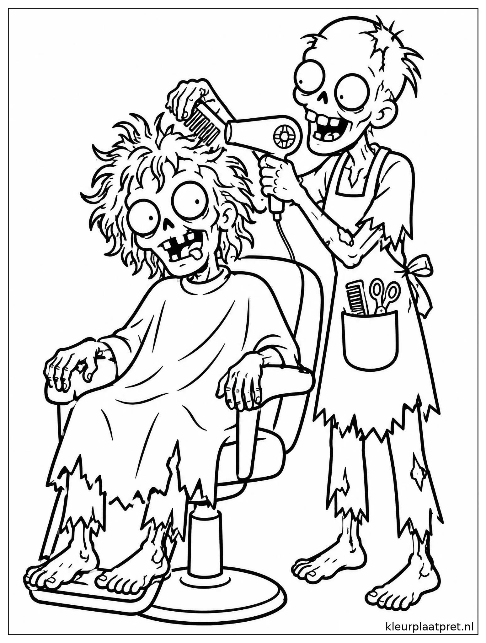 Zombie kapsalon kleurplaat waarop een zombiekapper het warrige haar van een zombie kamt en droogt met een föhn