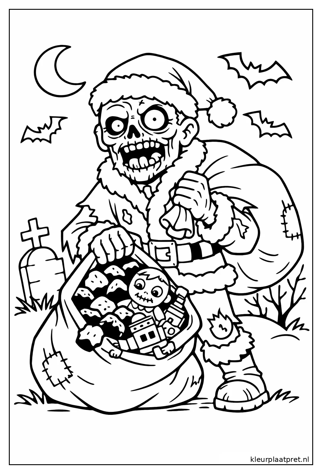 Zwart wit lijntekening van een zombie Kerstman met speelgoedzak naast een graf onder de maan met drie vleermuizen