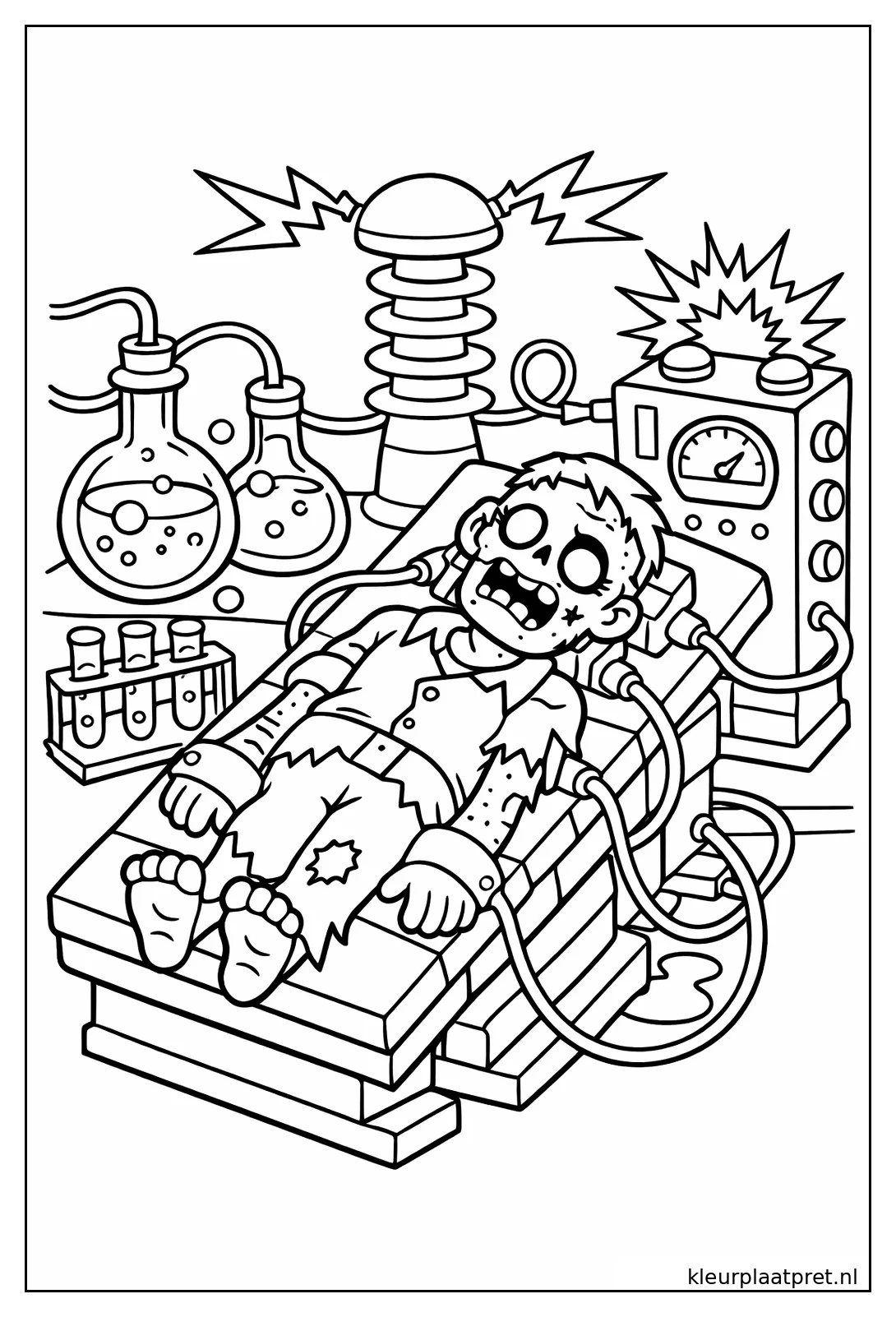 Zombie kleurplaat ligt vastgebonden op een experiment tafel tussen kabels reageerbuizen en elektrische apparaten in een laboratorium
