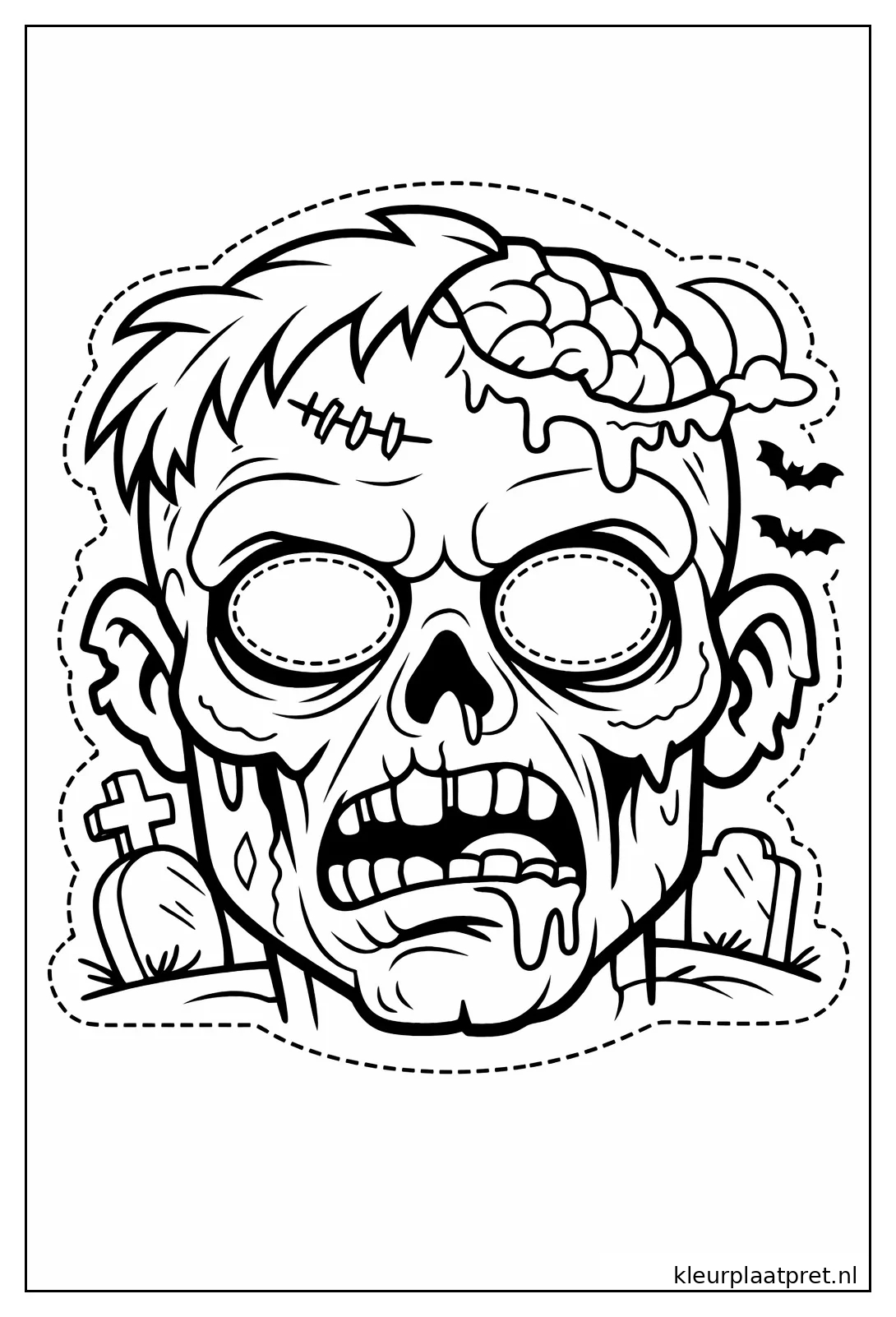 Zombie kleurplaat met open schedel grote ogen vleermuizen en stippellijnen voor een masker