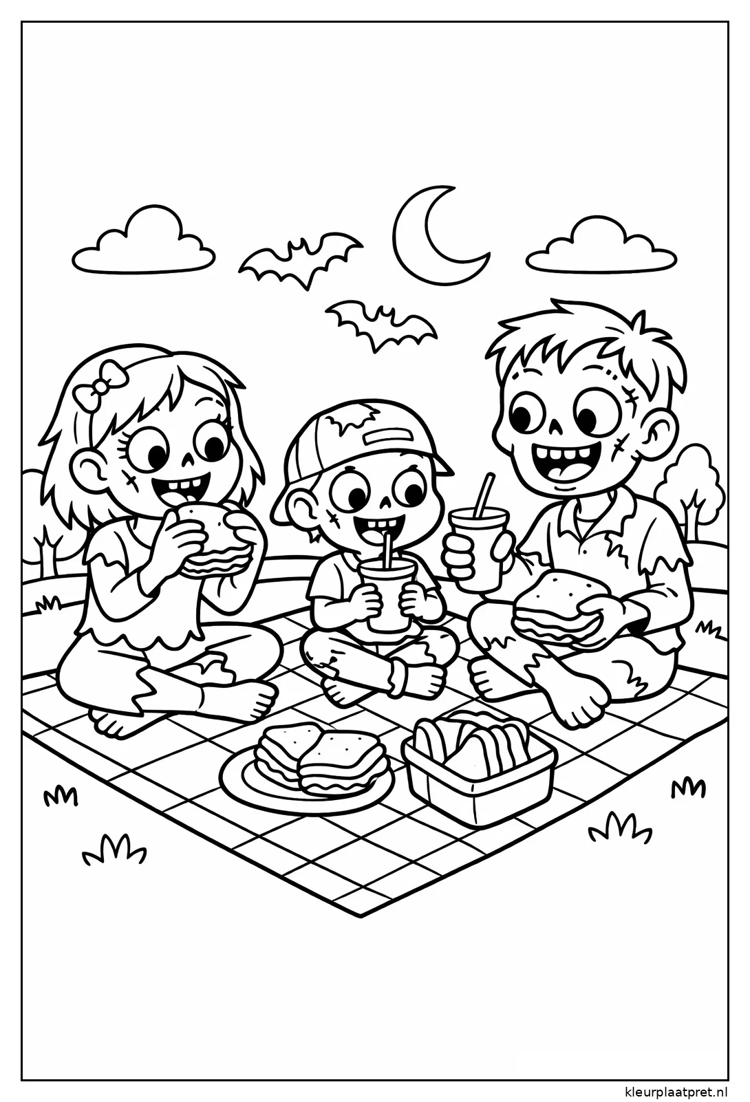 Drie zombies zitten op een picknickkleed met broodjes en drinken onder de maan