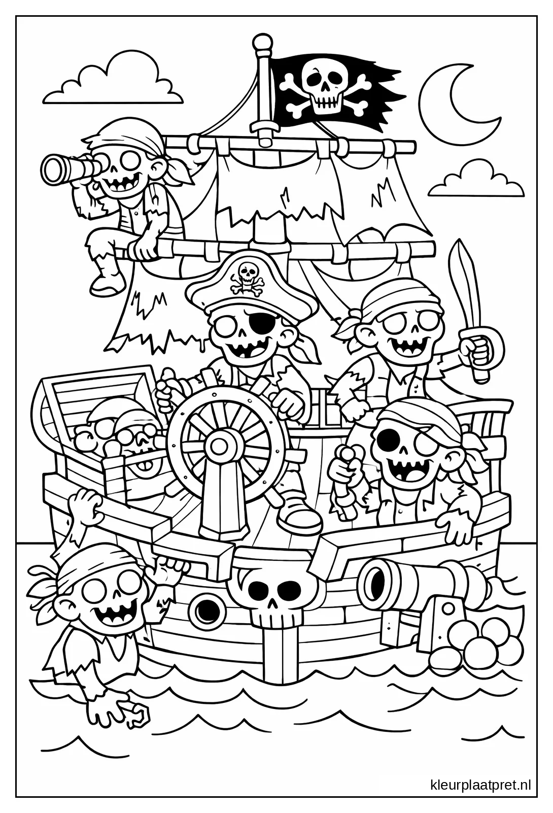 kleurplaat Zombiepiraten op een piratenschip met stuurwiel kanon schatkist en piratenvlag