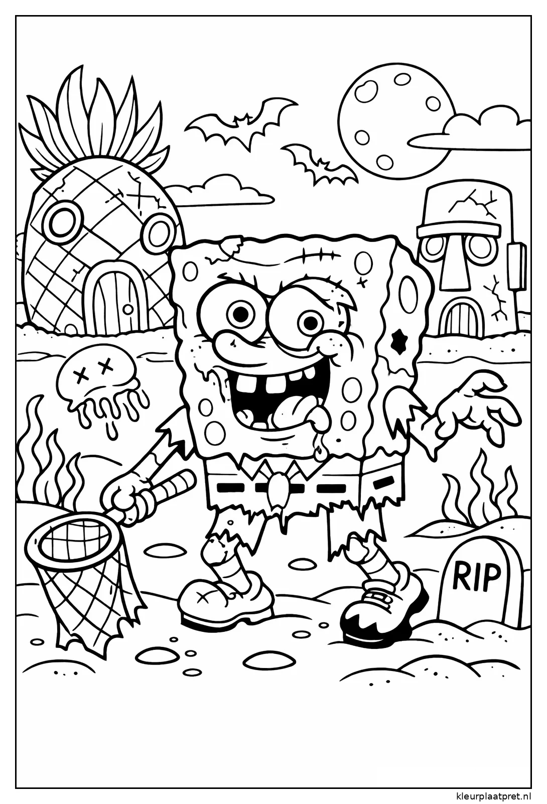 Kleurplaat van zombie SpongeBob met een schepnet tussen grafsteen vleermuizen en volle maan