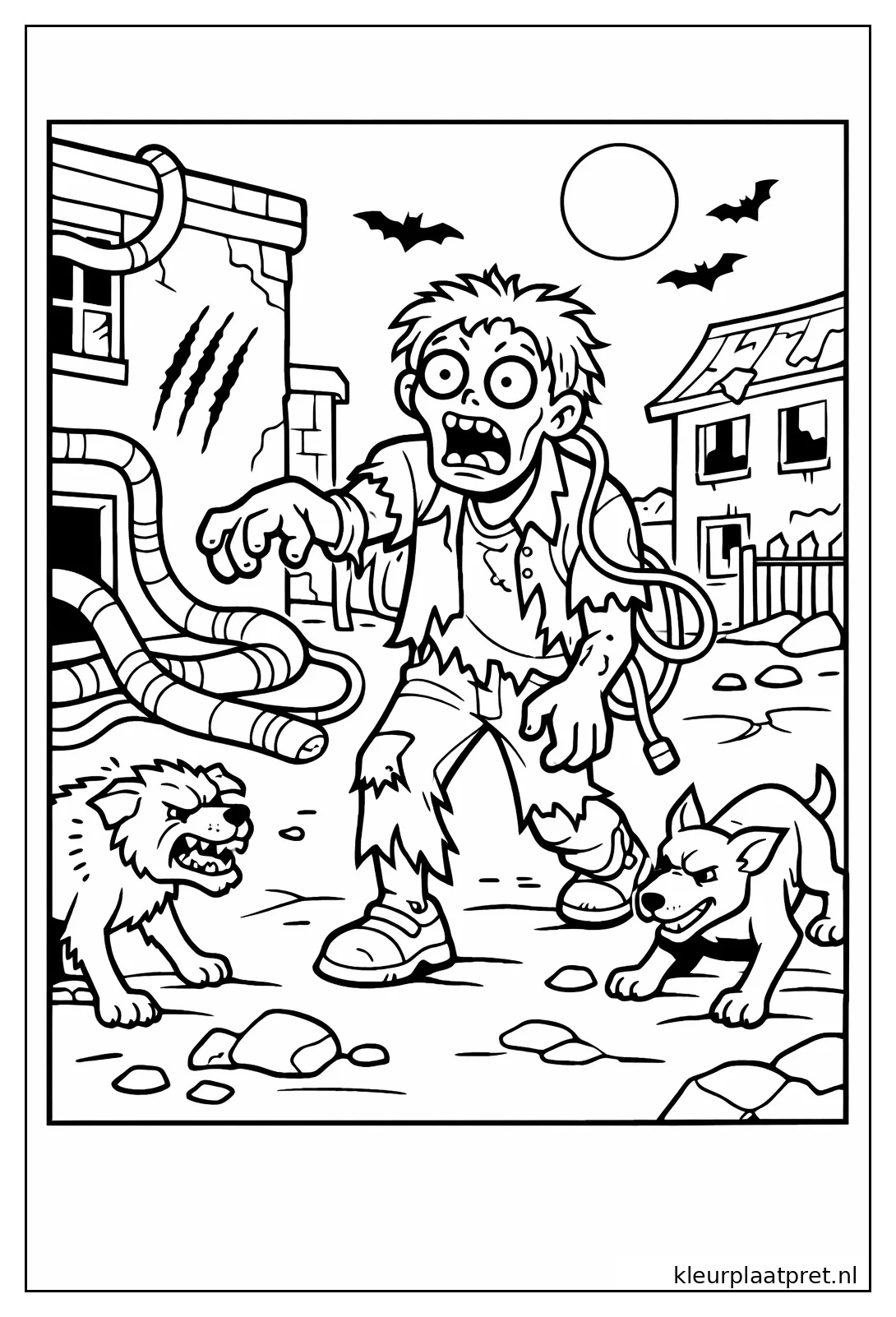 Geschrokken zombie tussen losse kabels met twee grommende honden in een verlaten straat