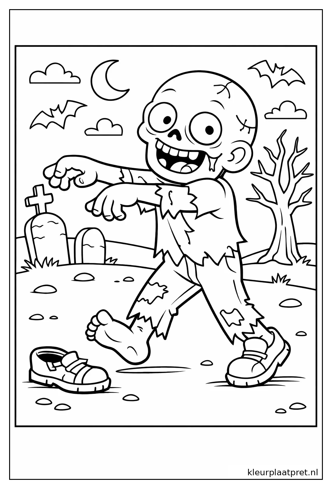 Kale zombie loopt met één blote voet langs grafstenen terwijl zijn schoen op de grond ligt