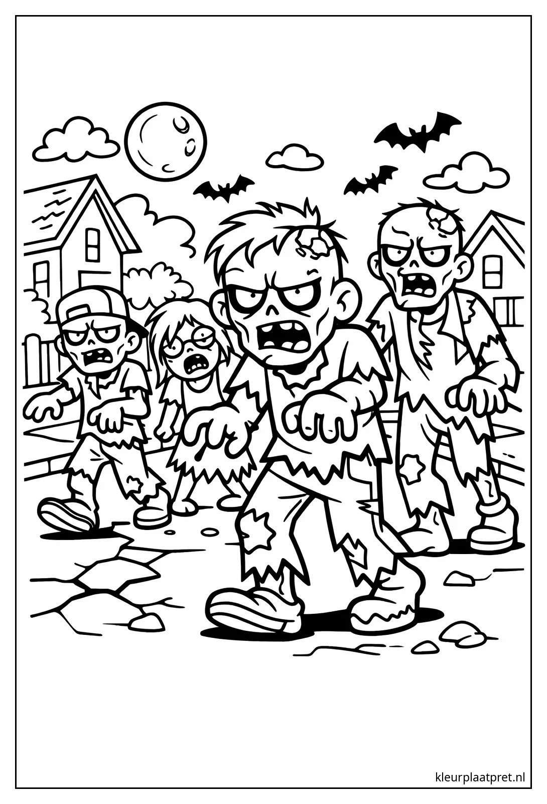 Vier boze zombies lopen door een gebarsten straat onder een volle maan met vleermuizen
