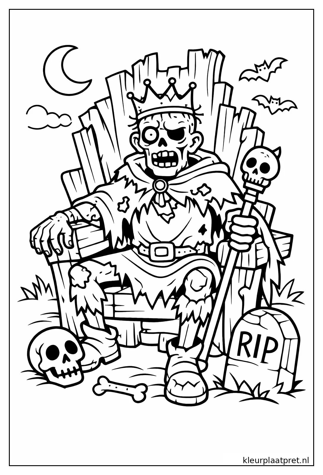 Zombiekoning met kroon en schedelstaf op een houten troon naast een RIP grafsteen