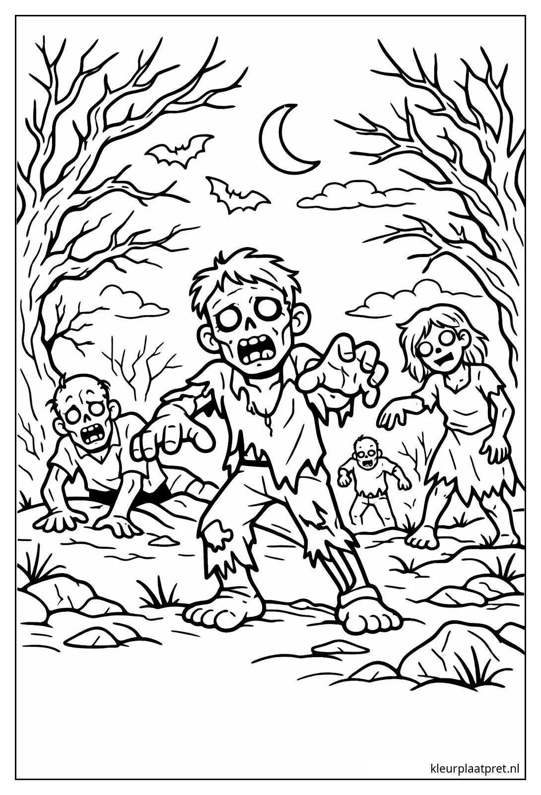 Vier zombies tussen dode bomen onder een maansikkel met vleermuizen in de lucht
